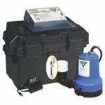 Sump pump system with blue pump, control panel, and connections for effective water drainage management by Quahog Plumbing.
