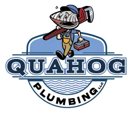 Quahog Plumbing logo featuring a cartoon plumber character holding a wrench and toolbox, emphasizing plumbing services for homeowners.