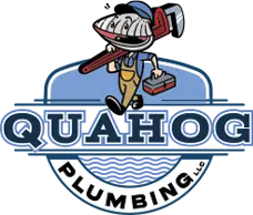 Quahog Plumbing logo featuring a cartoon plumber with a wrench and toolbox, emphasizing plumbing services for homeowners.
