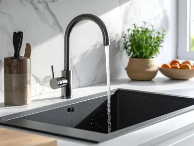 Modern kitchen sink with running cold water, showcasing a sleek faucet, black basin, and surrounding kitchen elements like utensils and fresh produce, emphasizing proper garbage disposal maintenance.