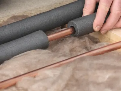 Person installing foam pipe insulation on copper pipes to prevent freezing during winter.