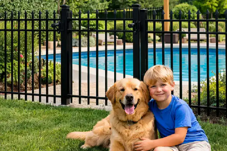 A child and pet dog protected by an aluminum fence..webp