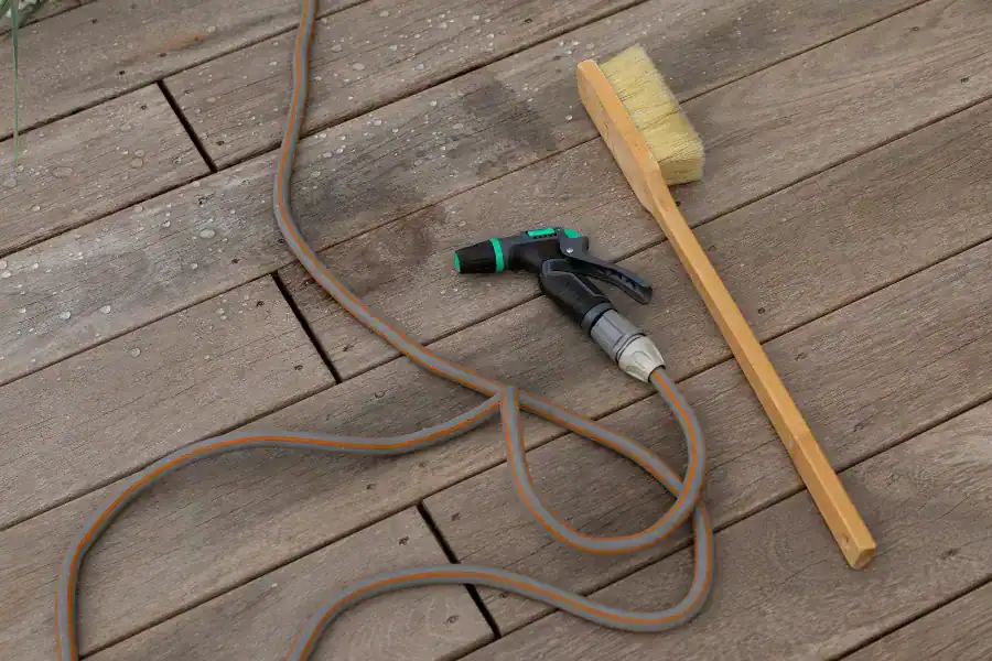 A hose and brush sit on wooden decking