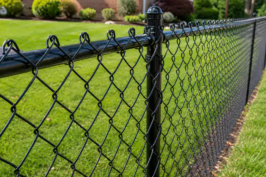 Black chain-link fence with green lawn