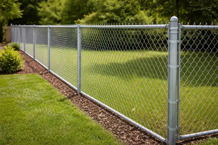 Lush yard with chain link fence