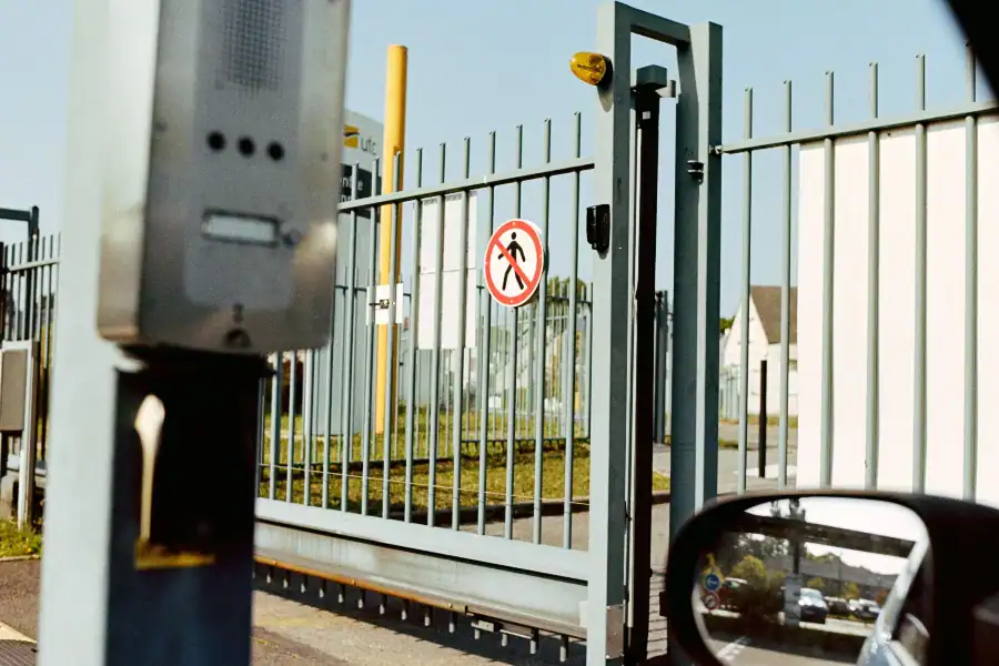 Security gate entrance with intercom and vehicle access control
