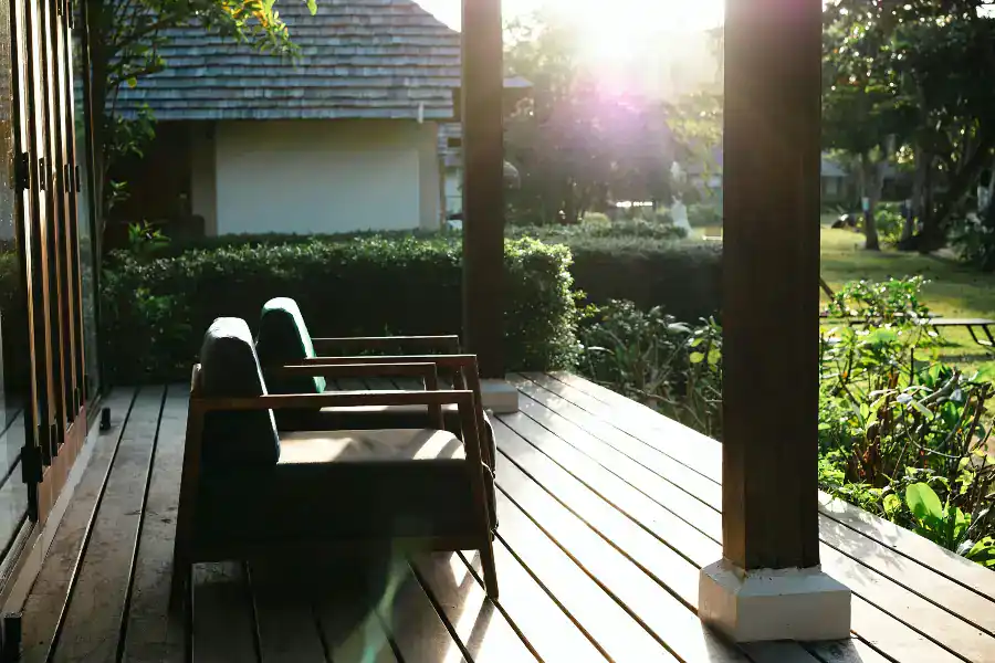 Wooden deck at the front of the house