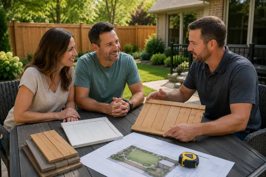 contractor and couple looking at fence options