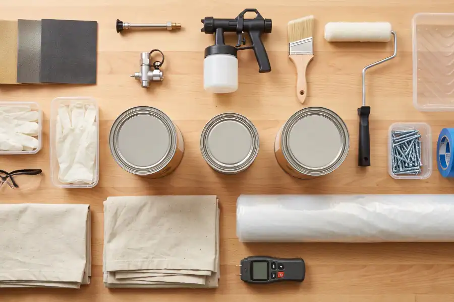 flat lay of hardware and materials for staining
