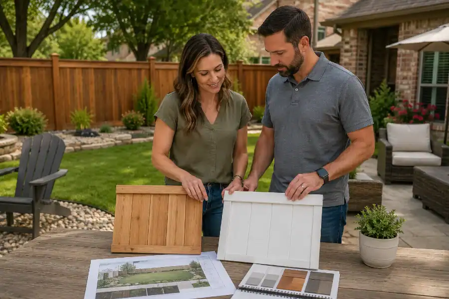 man and woman comparing fence options