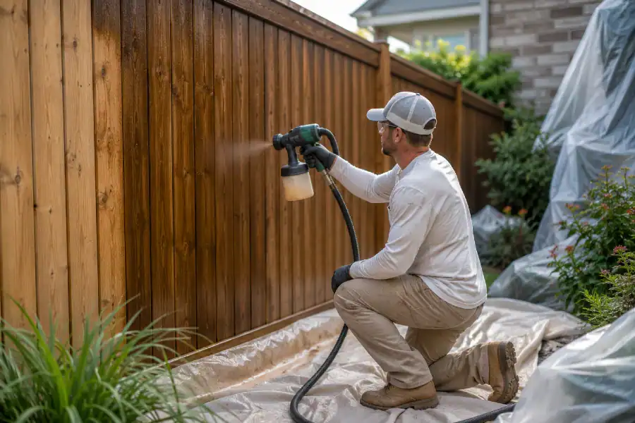 man applying stain to wood fence