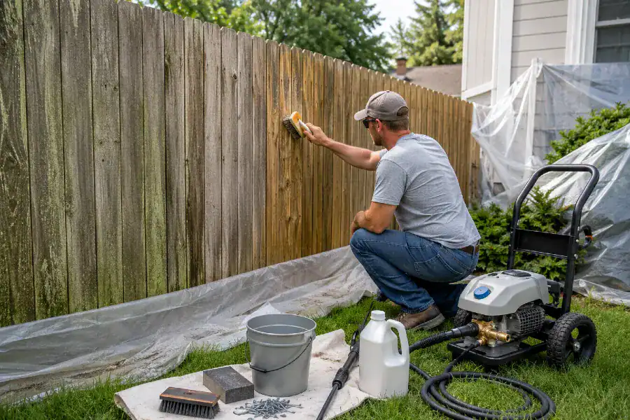 man brushing off old paint