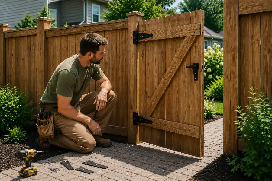 man looking at gate
