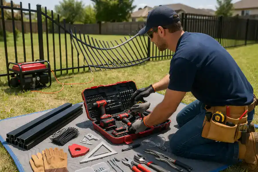man repairing bent aluminum fence outdoor