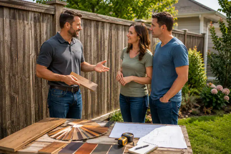 man showing couple stain swatches