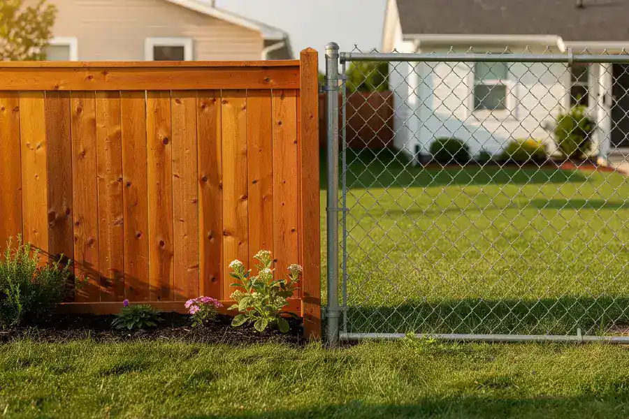side-by-side comparison of a wood fence and a chain link fence