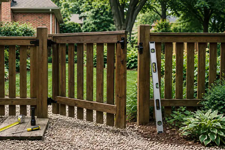spirit level leaning on fence