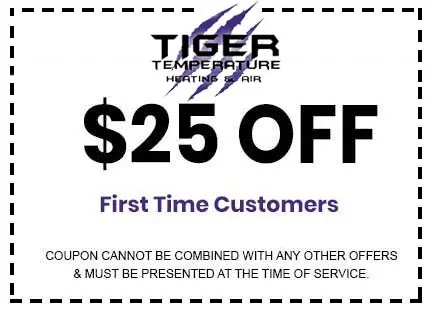 $25 off coupon for first-time customers at Tiger Temperature, HVAC service provider, with terms stating it cannot be combined with other offers and must be presented at service time.