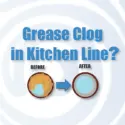 Grease clog in kitchen line illustration, before and after plumbing solution.
