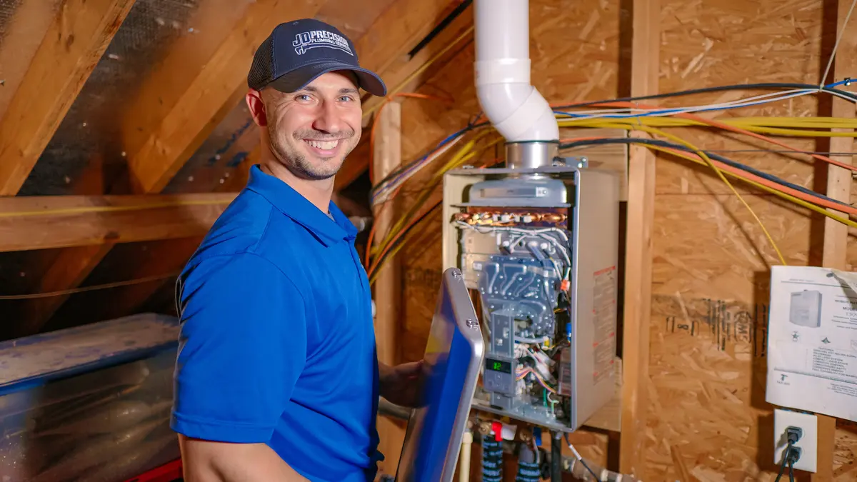 JD Precision Plumbing & Air technician installing water heater in Spring, TX home.