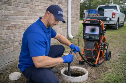 JD Precision Plumbing sewer line inspection with camera and technician