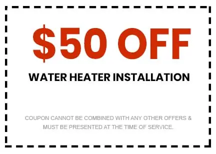 $50 off coupon for water heater installation from About Plumbing Inc., promotional offer details included.