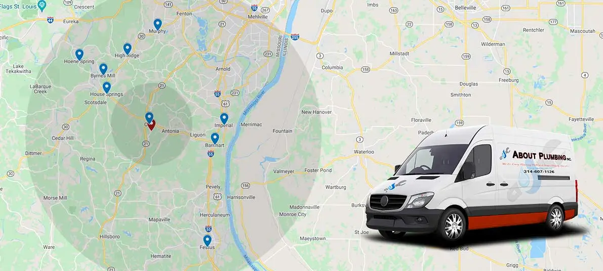 Map of Arnold and Jefferson County, MO, highlighting service areas with blue location markers and a white About Plumbing Inc. van.