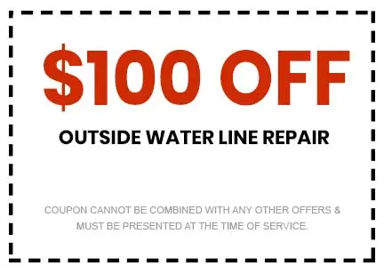 $100 off coupon for outside water line repair from About Plumbing Inc., highlighting savings for plumbing services.