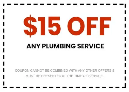 $15 off any plumbing service coupon from About Plumbing Inc., promotional offer with terms stating it cannot be combined with other offers.