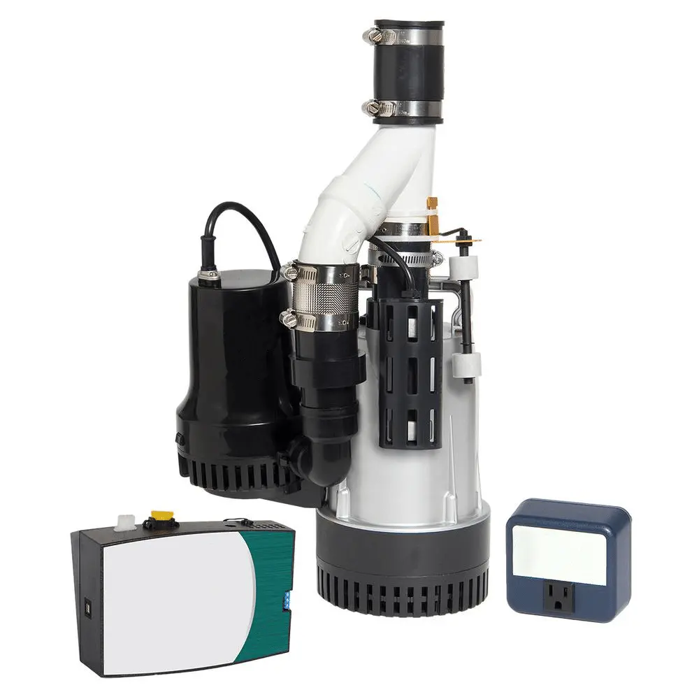 Combination sump pump with attached float switch, battery backup unit, and discharge pipe, showcasing essential components for effective flood protection in homes.