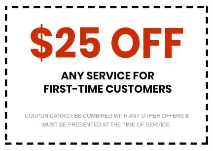 $25 off any plumbing service for first-time customers, promotional coupon from About Plumbing Inc., terms and conditions included.