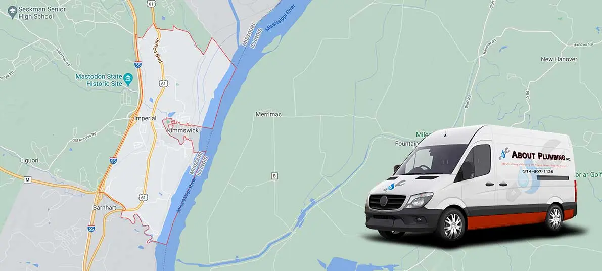 About Plumbing Inc. service van parked near a map of Imperial, MO, highlighting plumbing services availability.