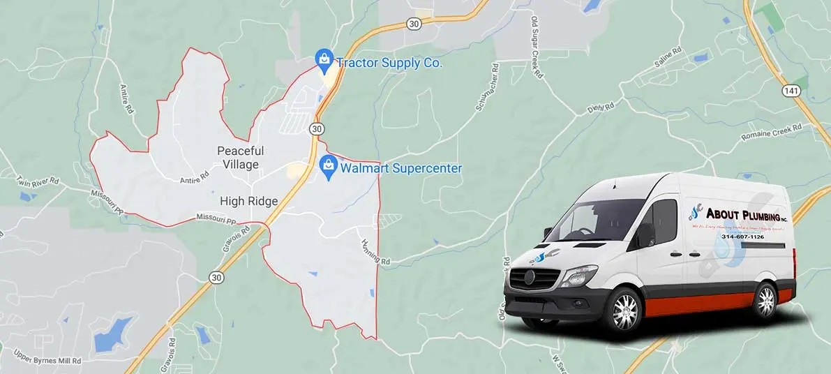 About Plumbing Inc. service van parked near a map highlighting High Ridge, MO, showcasing local plumbing services and customer support.