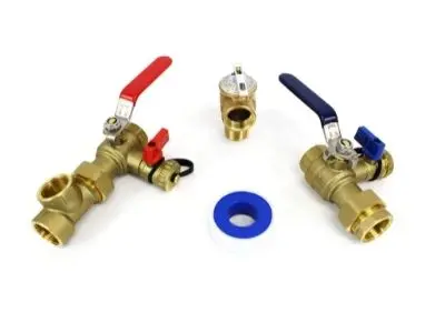 Brass water heater valves with red and blue handles, alongside a roll of Teflon tape, essential for plumbing maintenance and repairs.