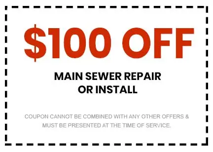 $100 off coupon for main sewer repair or installation from About Plumbing Inc., promotional offer with terms for service presentation.