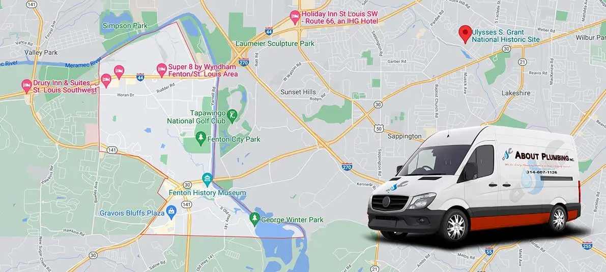 White plumbing van with "About Plumbing Inc." logo parked near a map highlighting Fenton, MO, showcasing local landmarks and service areas.