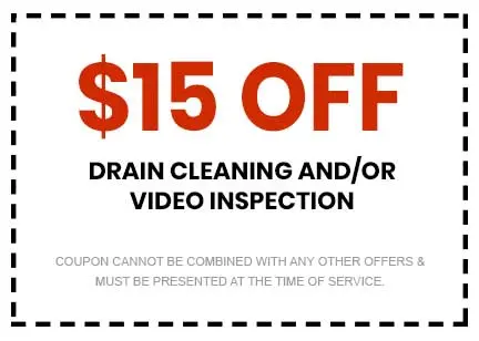 $15 off coupon for drain cleaning and/or video inspection from About Plumbing Inc., promotional offer with terms for service presentation.