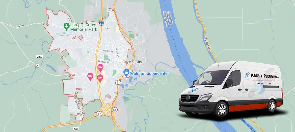Van branded with "About Plumbing Inc." parked beside a map of Festus, MO, highlighting service areas and local landmarks.