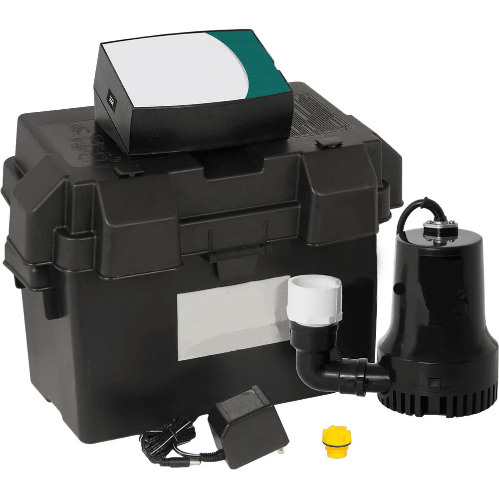 Battery backup sump pump system with control box, pump, and accessories for home flood protection.