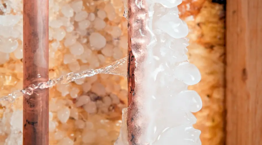 Frozen copper pipe with ice buildup and water leak, illustrating winter plumbing issues for homeowners.