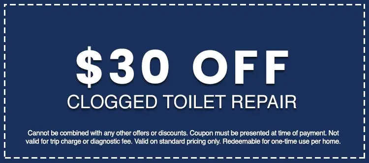 $30 off coupon for clogged toilet repair, featuring terms and conditions for plumbing service discounts from Hancock & Son Plumbing, Heating and Air Conditioning.