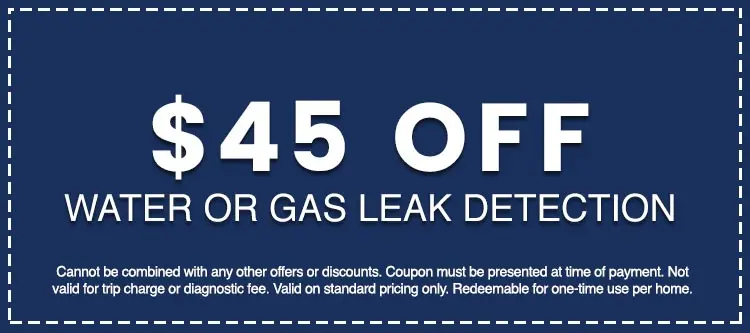 $45 off water or gas leak detection coupon for Hancock & Son Plumbing, Heating and Air Conditioning, emphasizing affordability and promotional offers.