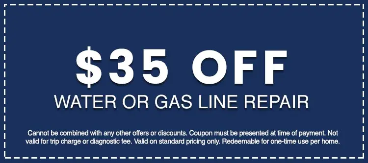 $35 off coupon for water or gas line repair, featuring terms and conditions for use, emphasizing affordability and promotional offers from Hancock & Son Plumbing.