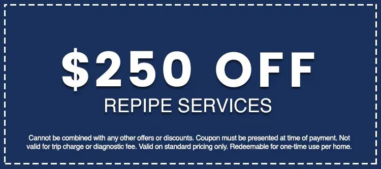 $250 off repipe services coupon from Hancock & Son Plumbing, Heating and Air Conditioning, with terms and conditions for redemption.