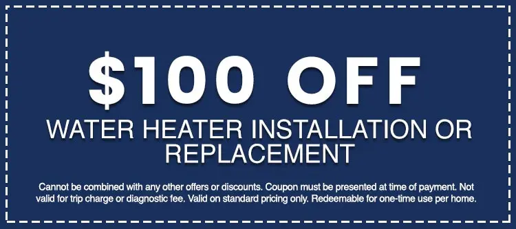 $100 off water heater installation or replacement coupon from Hancock & Son Plumbing, highlighting promotional offer details and restrictions.