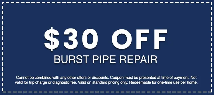 $30 off burst pipe repair coupon for Hancock & Son Plumbing, emphasizing affordability and service promotion.