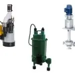 Three types of sump pumps: a yellow and gray complex design, a green portable model, and a vertical motor unit pump.