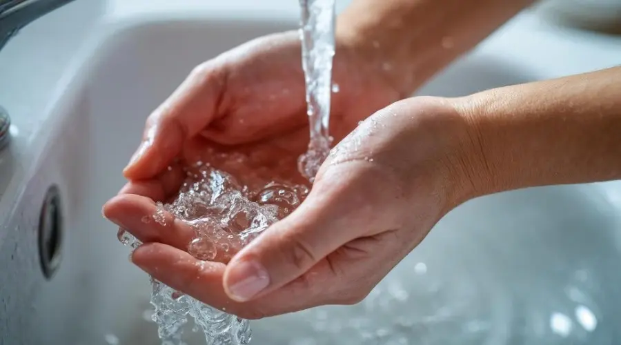 Hands cupping flowing water from a sink, illustrating plumbing services and water management.