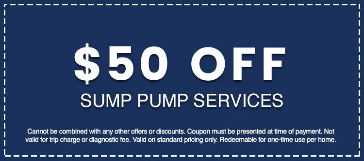 $50 off coupon for sump pump services, emphasizing affordability and promotional offers from Hancock & Son Plumbing, Heating and Air Conditioning.