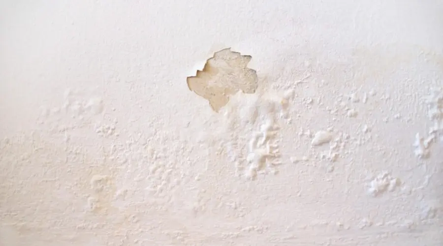 Damaged wall surface with peeling paint and discoloration, showing neglect in home maintenance for HVAC services.